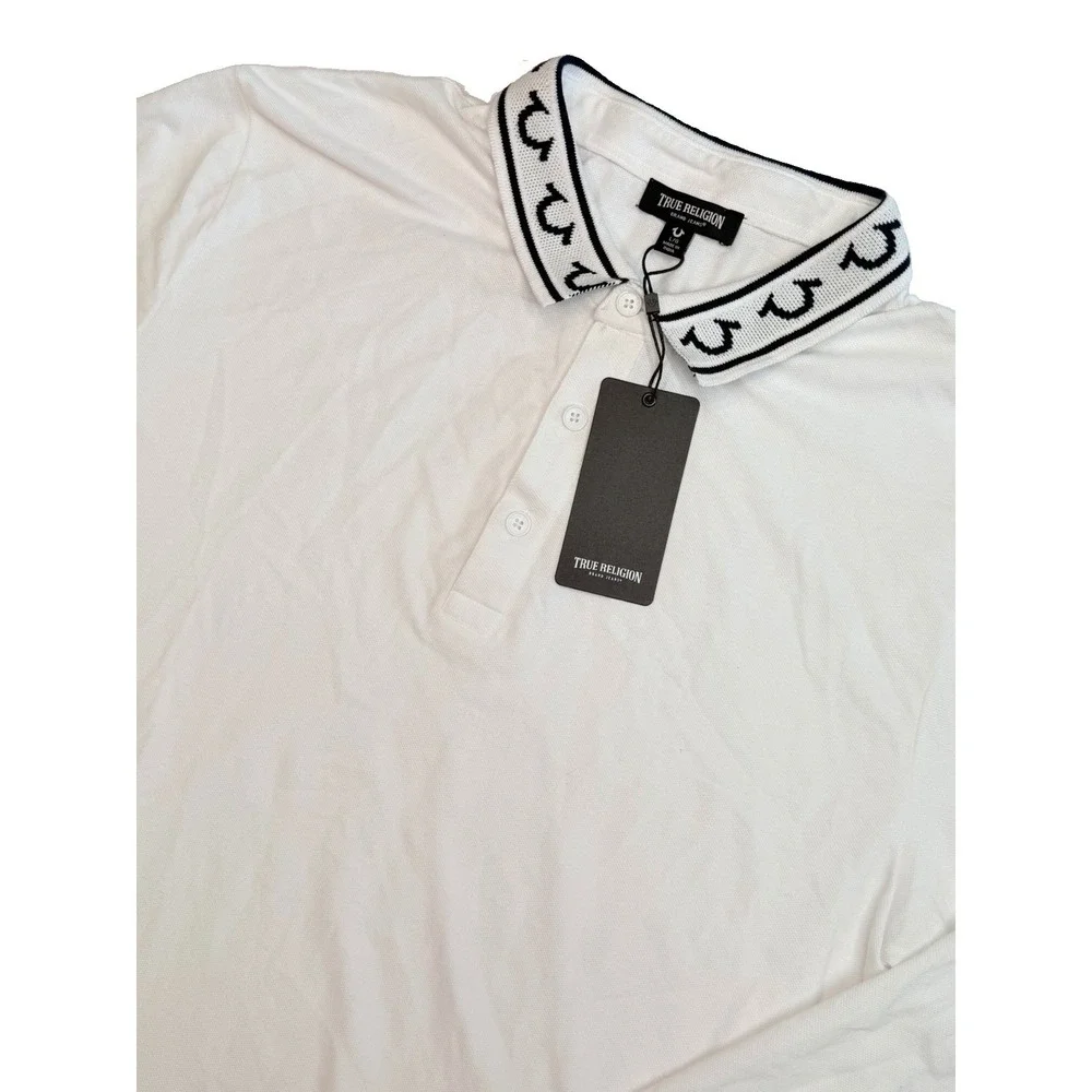 True Religion LS Jacquard Polo Shirt White Long Sleeve Large NWT 108888